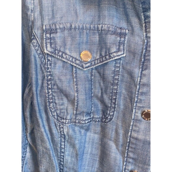 WHBM Women Denim Boyfriend Snap Long Sleeve Shirt Roll Tab M Tie Back Western - Picture 11 of 11